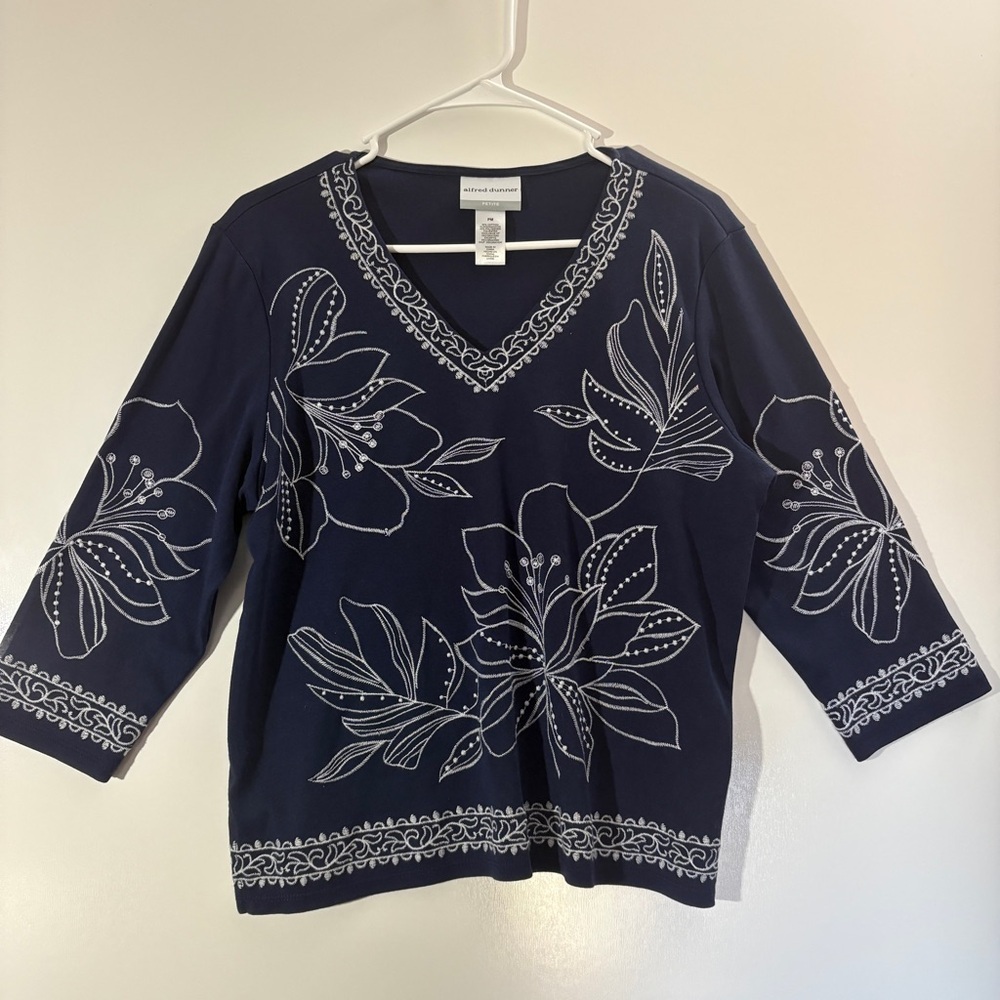 Alfred Dunner Dark Blue Top with White Floral Design